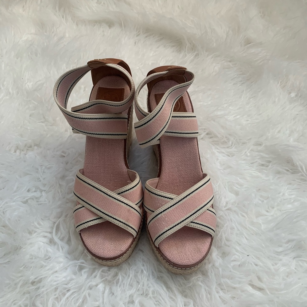 Tory Burch Frieda Pink/Tan Espadrille Wedge Sandal - Picture 4 of 9
